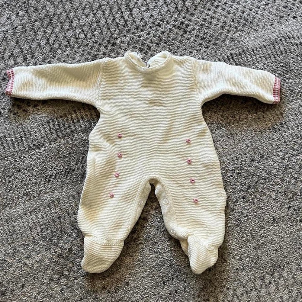 Vintage hand knit cotton dainty flower romper 0-3